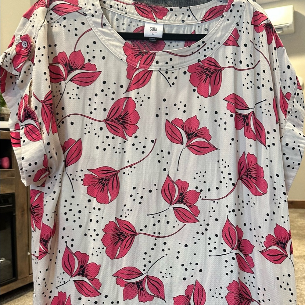 CAbi Pink Floral Blouse with White Background